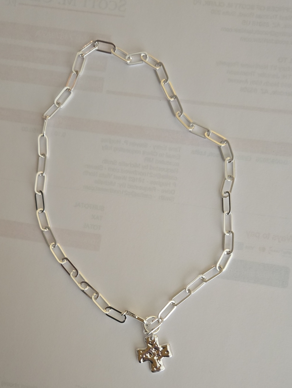 Silver Paperclip Chain Necklace with Cross Pendant